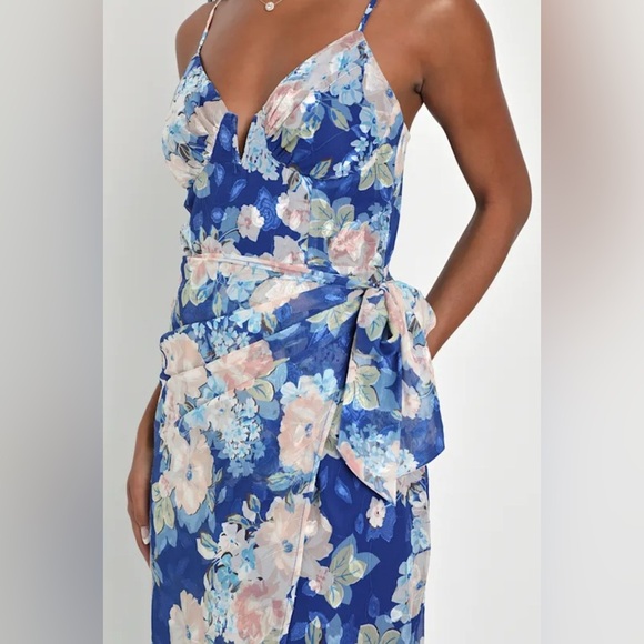 Lulus XSmall Blue Floral Bustier Faux Wrap Midi Dress - Picture 2 of 8